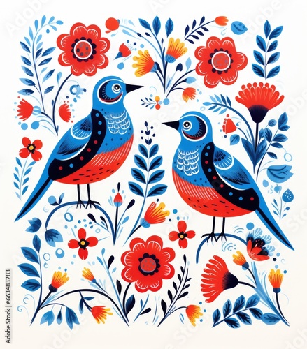 Two blue birds perched on vibrant flowers © pham