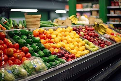 Fruits and vegetables on shop stand in supermarket grocery store. © RABEYAAKTER