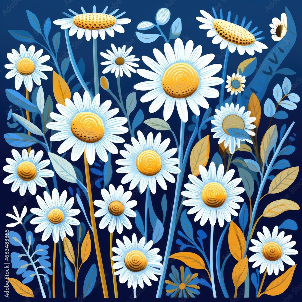 Fototapeta premium A vibrant floral painting with daisies and other flowers on a serene blue background