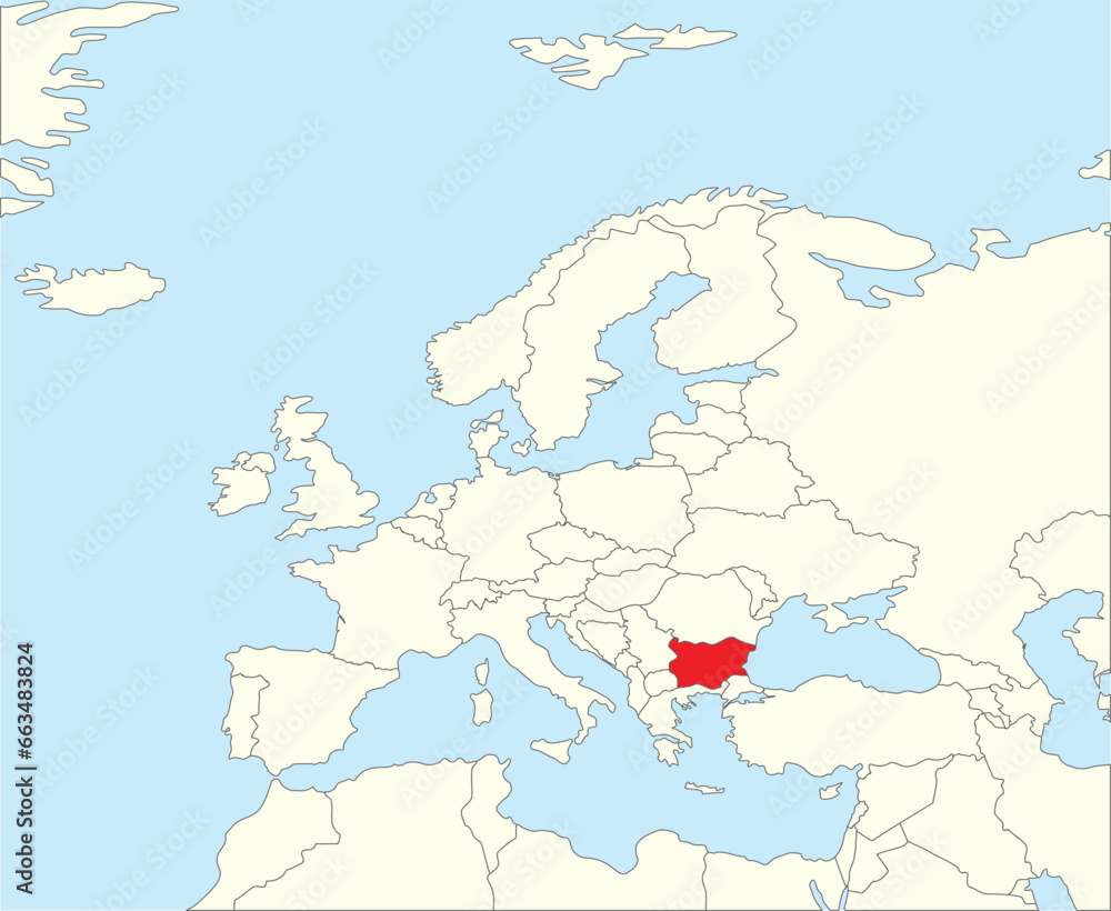 Fototapeta premium Red CMYK national map of BULGARIA inside simplified beige blank political map of European continent on blue background using Winkel Tripel projection