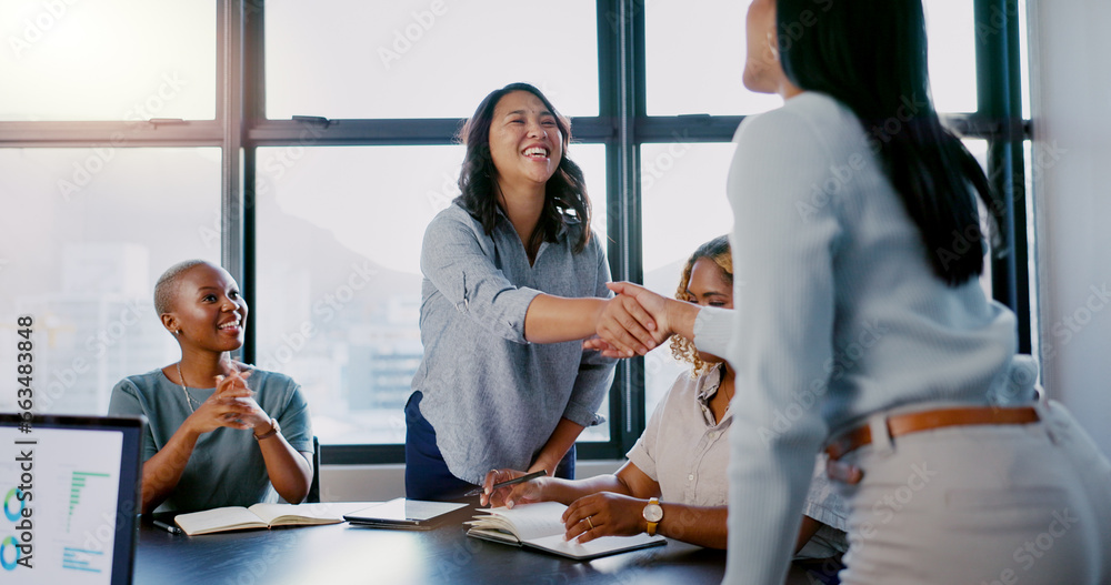 Welcome shaking hands, thank you or business people for hiring contract deal, meeting and partnership in city office. Teamwork, worker handshake on trust, consulting for b2b sale success and support - obrazy, fototapety, plakaty 