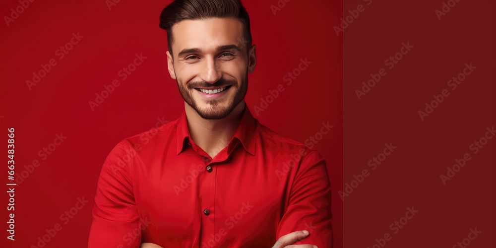 Happy Man in red shirt on a Red Background, copy space. 30 year old Stylish Attractive Male Happy Man in red shirt on a Red Background, copy space. 30 year old Stylish Attractive Male