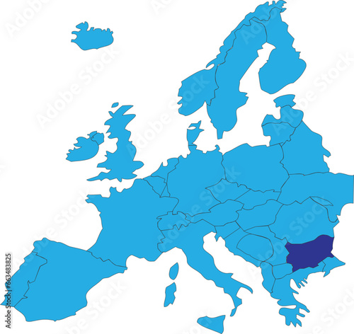Dark blue CMYK national map of BULGARIA inside simplified blue blank political map of European continent on transparent background using Peters projection