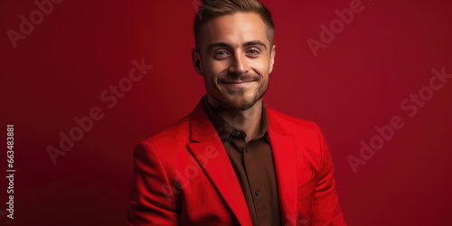 Businessman in a Red Suit on a Red Background. Stylish Confident Attractive Male in a Red Jacket. 30 year old Man