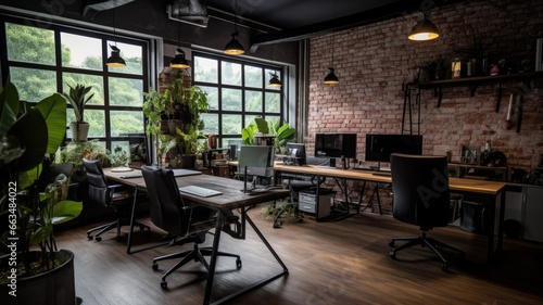 Inspiring office interior design Industrial style Office featuring Exposed bricks architecture. Generative AI AIG 31. © Summit Art Creations