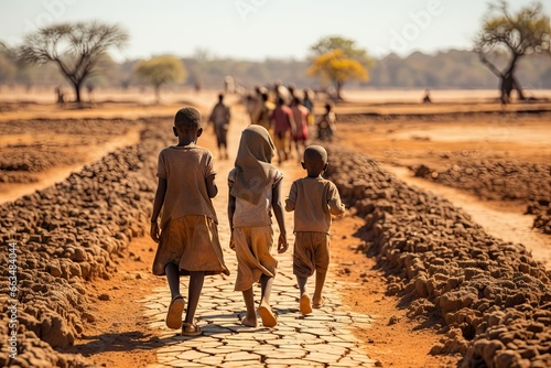 African children walk along a dry river bed. Environmental problem of climate change, global warming, drought, water shortage photo
