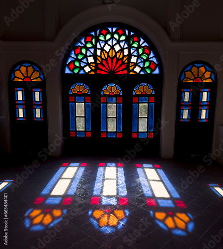 The windows of the palace colored with the sunlight