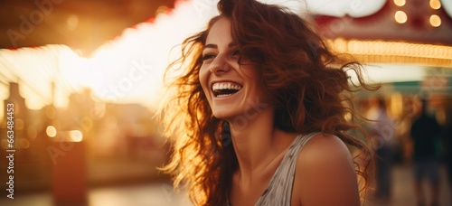 A woman enjoying a thrilling carnival ride with a joyful smile