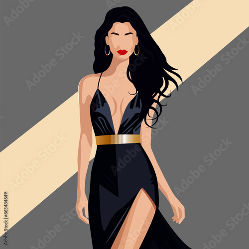 Modern vector fashion illustration, a young sexy woman in an elegant evening dress with bare shoulders and a slit on the leg.
