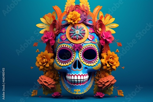 Colorful 3D skull representing Mexican festival Day of the Dead with traditional makeup. Generative AI