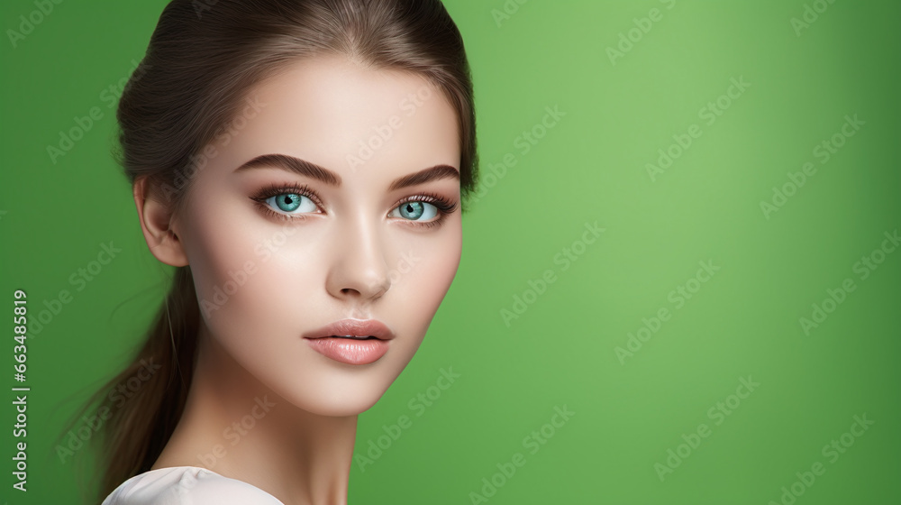 beauty portrait of a cool female brunette model against green background beauty portrait of a cool female brunette model against green background