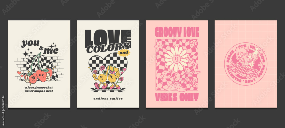 Valentine's Day posters or greeting cards with retro cartoon style. Groovy 70s poster, Vector illustration