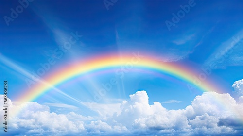  a rainbow in the middle of a blue sky with clouds.  generative ai © Anna