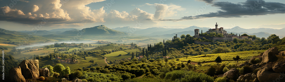 Green Valley Of Italy With An Old House Located On A Hill. Illustration On The Theme Of Nature And Climate, Vegetation And Ecology. Generative AI
