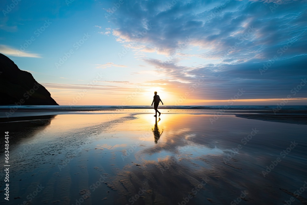 A person walking on the beach at sunset.