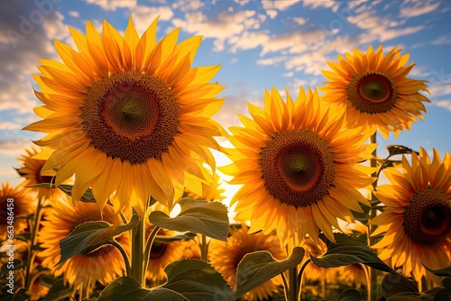 Sunflowers turning toward the sun in the soft morning light.