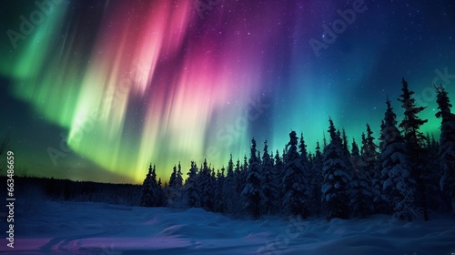  a colorful aurora bore in the sky above a snowy forest.  generative ai