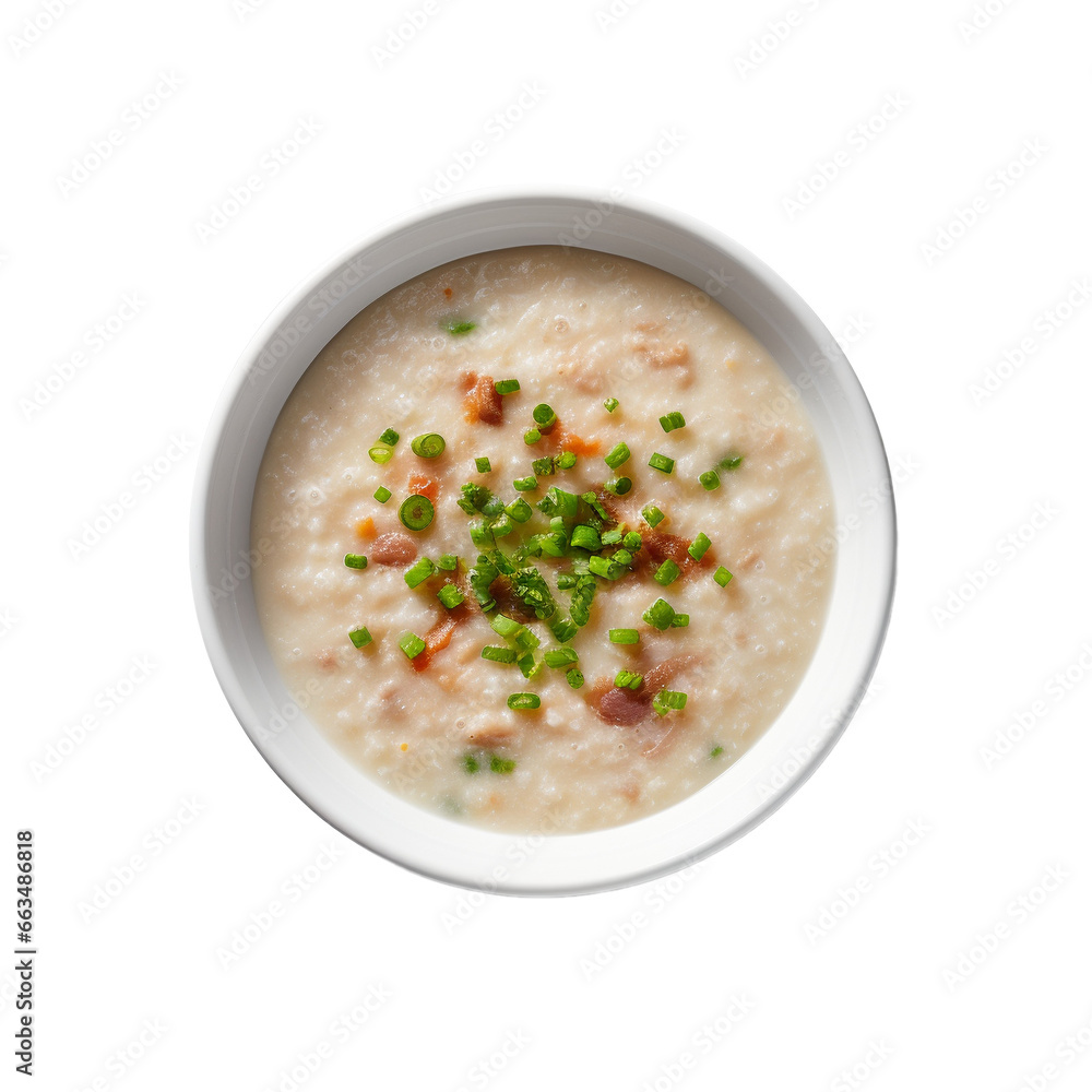 plate of congee, chicken and rice soup top view isolated on white background, ai generated