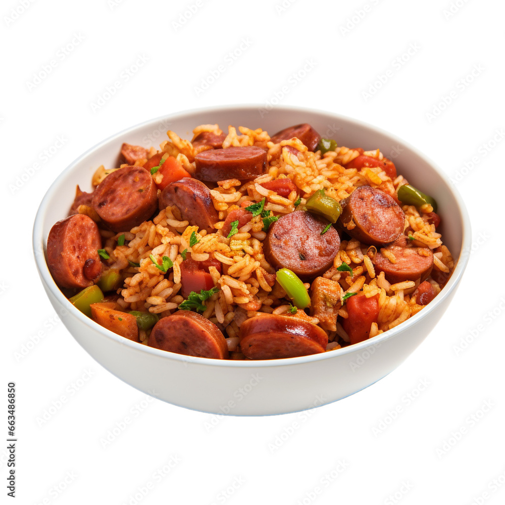 Jambalaya bowl of rice with sausages and vegetables isolated on white background, ai generated Jambalaya bowl of rice with sausages and vegetables isolated on white background, ai generated
