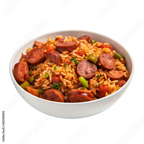 Jambalaya bowl of rice with sausages and vegetables isolated on white background, ai generated