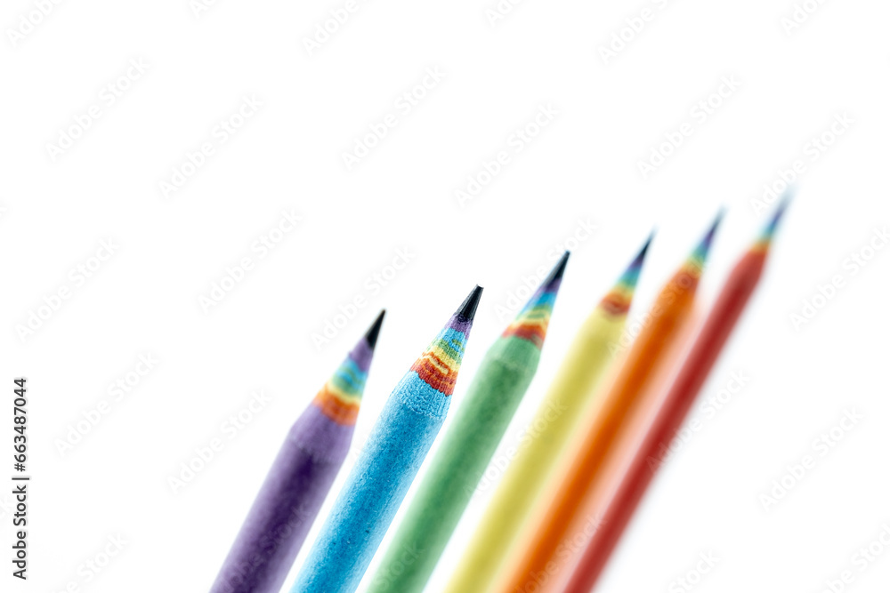 Set of Colored Pencils Made by Recycled Paper arranged on white background. Environmentally friendly stationary supplies Set of Colored Pencils Made by Recycled Paper arranged on white background. Environmentally friendly stationary supplies