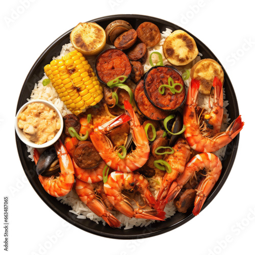 Cajun Seafood  with rice , Butter Sauce and corn on plate, isolated on transparent background 