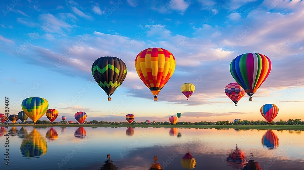 Fototapeta premium a group of hot air balloons flying over a lake at sunset. generative ai