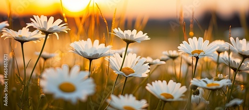 The landscape of white daisy blooms in a field with the focus. © RABEYAAKTER