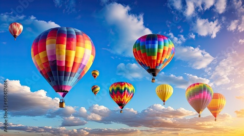  a group of hot air balloons flying through a blue sky.  generative ai © Anna