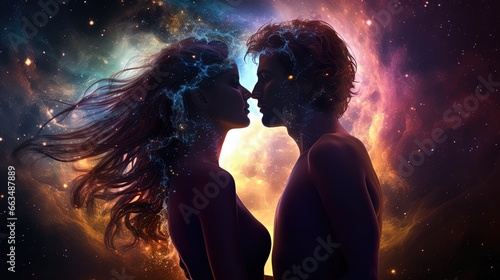 Cosmic Love: Silhouette of a Couple Embracing in Vibrant Nebulae © DigitalMuse