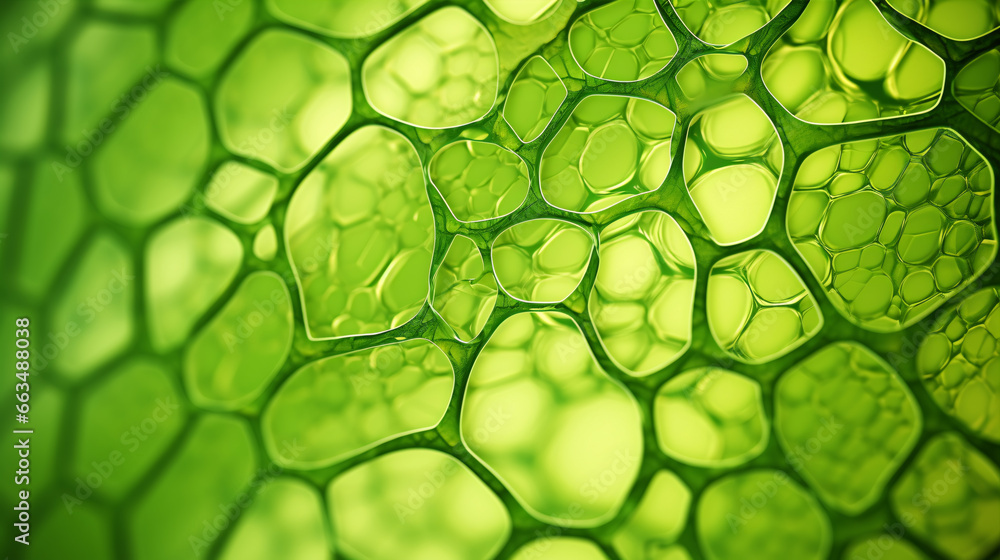 Delve into the fascinating realm of green plant cells through an extreme close-up for a science-themed background.. - obrazy, fototapety, plakaty 