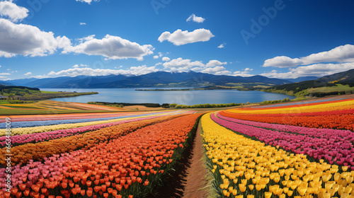 A stunning bird's-eye-perspective of multicolored tulip beds in efflorescence symbolizing springtime happiness and beauty.