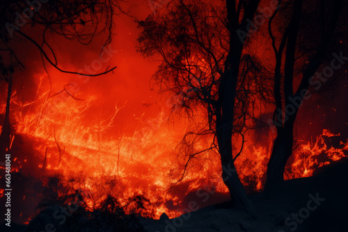 Forest fire. Burning forest, fire season. 