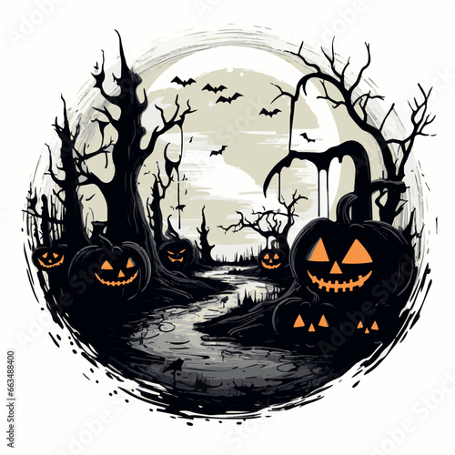 Paysage effrayant d'Halloween avec citrouilles et arbres tortueux