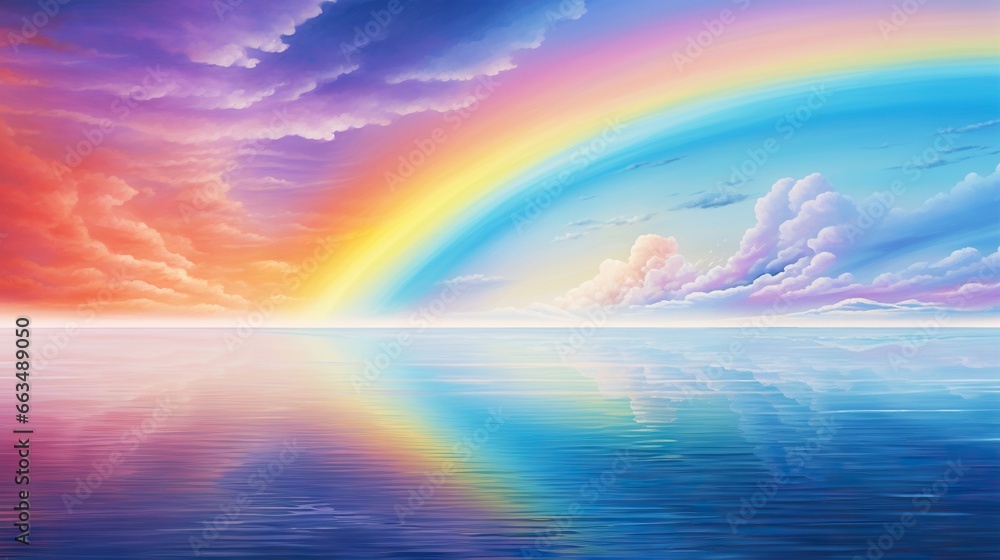  a painting of a rainbow in the sky over the ocean.  generative ai