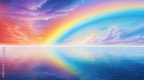  a painting of a rainbow in the sky over the ocean.  generative ai © Anna