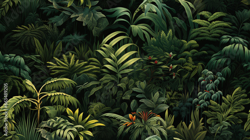 Seamless wallpaper featuring lush jungle scenery adorned with towering trees and vibrant tropical plants..