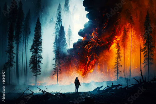 Brave firefighter stands in front of a huge forest fire