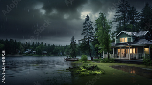 The lake house view is dark and gloomy in the rainy weather. © ckybe