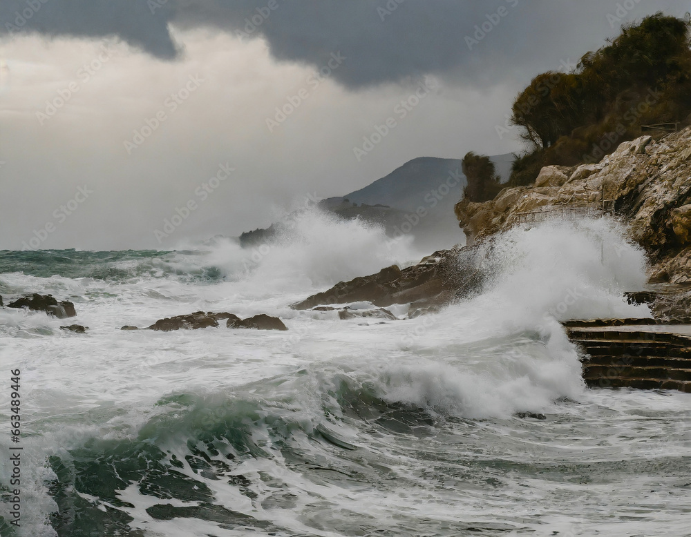 Storm's Fury Tempestuous Sea with Massive Waves and Rocky Cliffs