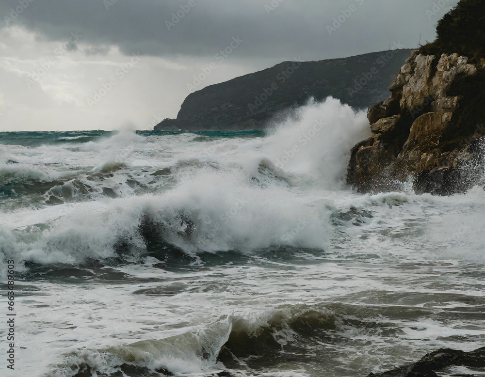 Storm's Fury Tempestuous Sea with Massive Waves and Rocky Cliffs
