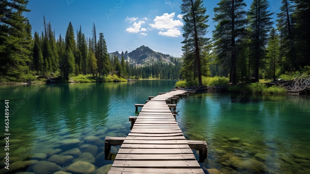  a long wooden dock sitting next to a lake surrounded by trees.  generative ai - obrazy, fototapety, plakaty 