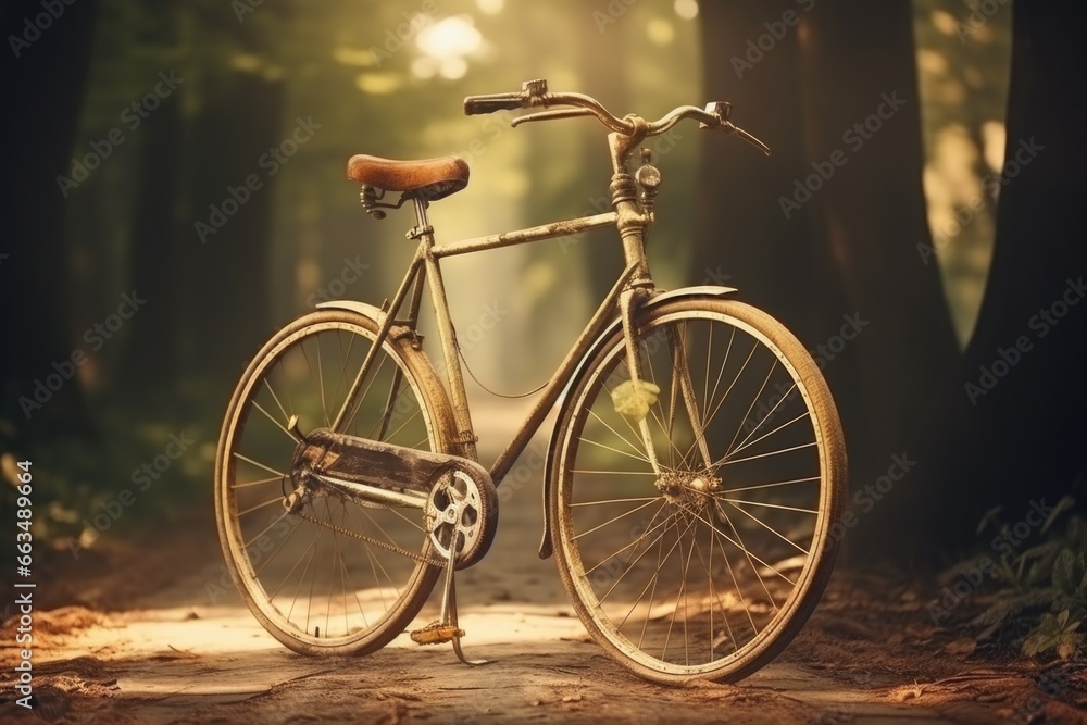 A bicycle is parked on a path in the woods. This image can be used to depict leisure activities, outdoor adventures, or a peaceful nature scene.