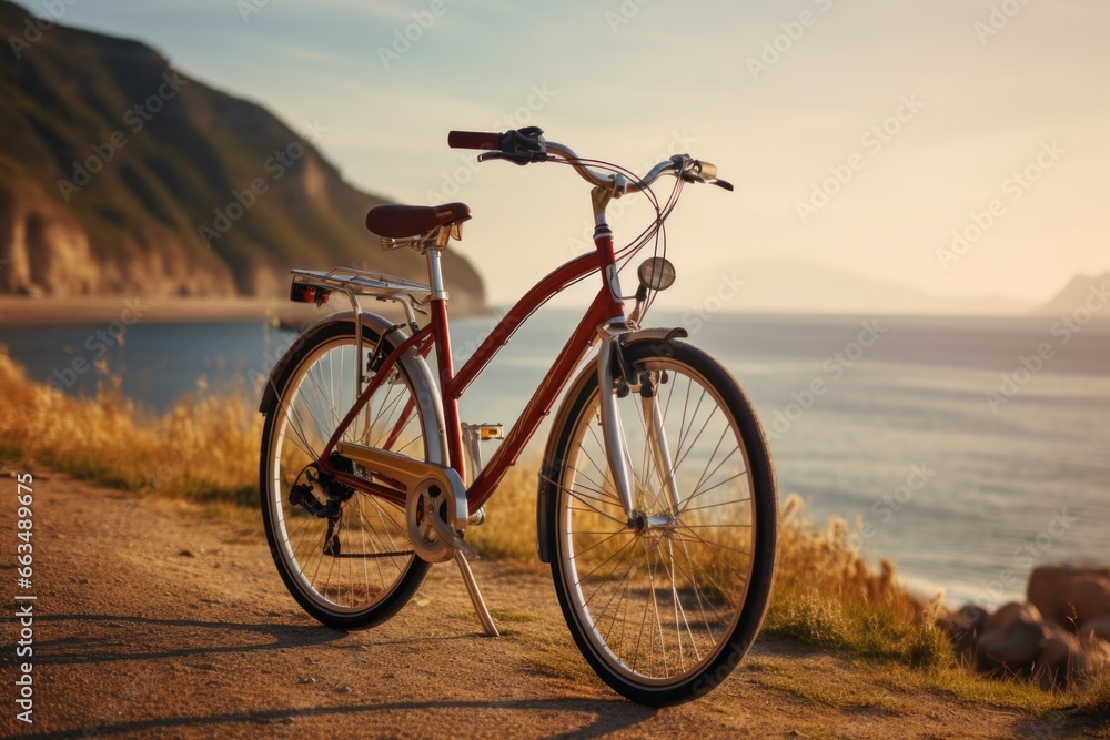 A red bicycle parked on the side of a road next to a body of water. This image can be used to depict leisure activities, transportation, or a peaceful scenic view.