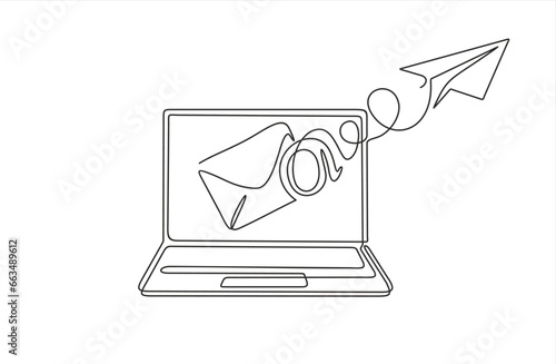 continuous one line drawing of 
Email message post letter send illustration sketch outline drawing.One line laptop, paper plane and envelope.  