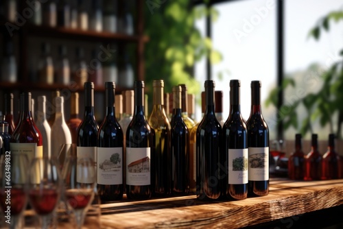 A row of wine bottles sitting on top of a wooden table. This image can be used to showcase a wine collection or for a wine-related blog or website.