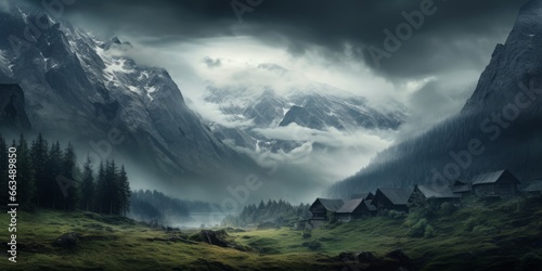 Captivating view of a moody landscape in the Alps  evoking a sense of mystery and awe  ideal for nature and travel photography.