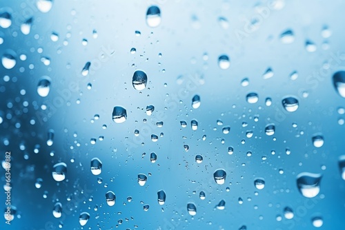 Abstract view of water and raindrops on blue glass, creating a soothing yet dynamic background for various creative uses.