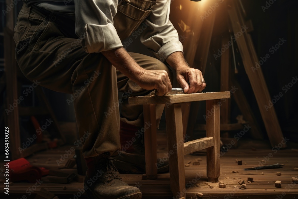 A man is seen working on a piece of wood. This image can be used to showcase craftsmanship or woodworking skills. A man is seen working on a piece of wood. This image can be used to showcase craftsmanship or woodworking skills.
