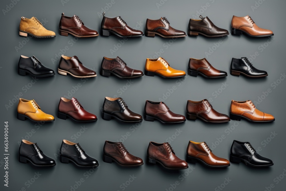 A collection of men's shoes displayed on a gray background. A collection of men's shoes displayed on a gray background.